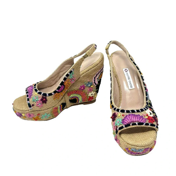 L'AUTRE‎ CHOSE Floral Embroidered Wedge Sandals Size 37 / US 6.5 - Picture 1 of 8